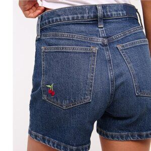 New Abercrombie & Fitch A&F High Rise 4" Mom Denim Jean Shorts Cherry Embroidery